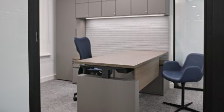 HK executive office workwall with sit stand desk in in Fenix laminate